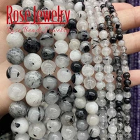 natural black rutilated quartz beads round stone beads for jewelry making diy bracelet earrings accessories 15 4 6 8 10 12 mm