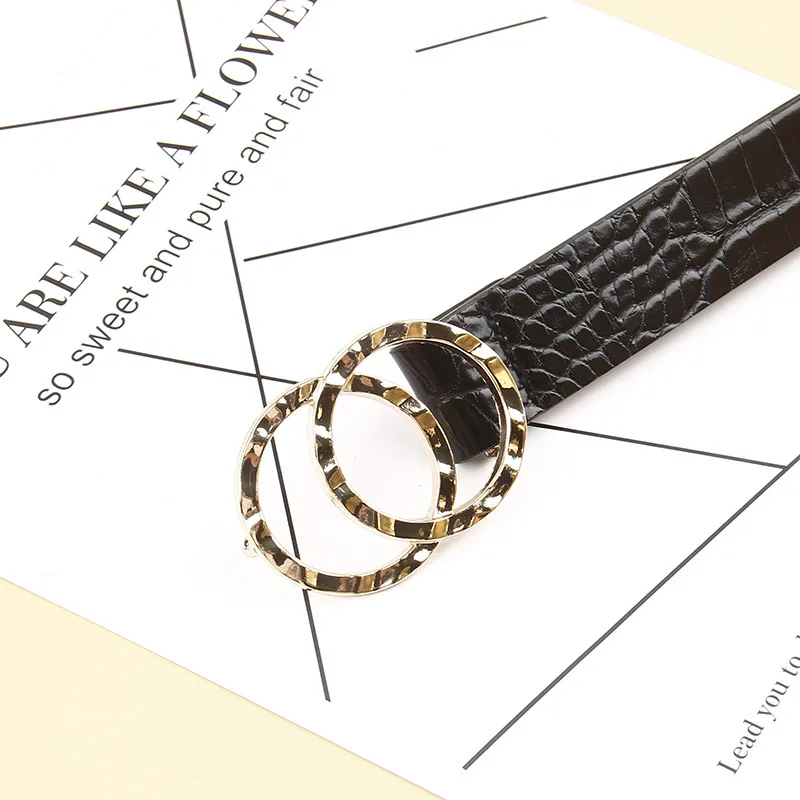 

Women Crocodile Pu Belt Fashion Metal Buckle Gold Belts for Women 2020 Double Ring O Waistband Black New Jeans Female Dress