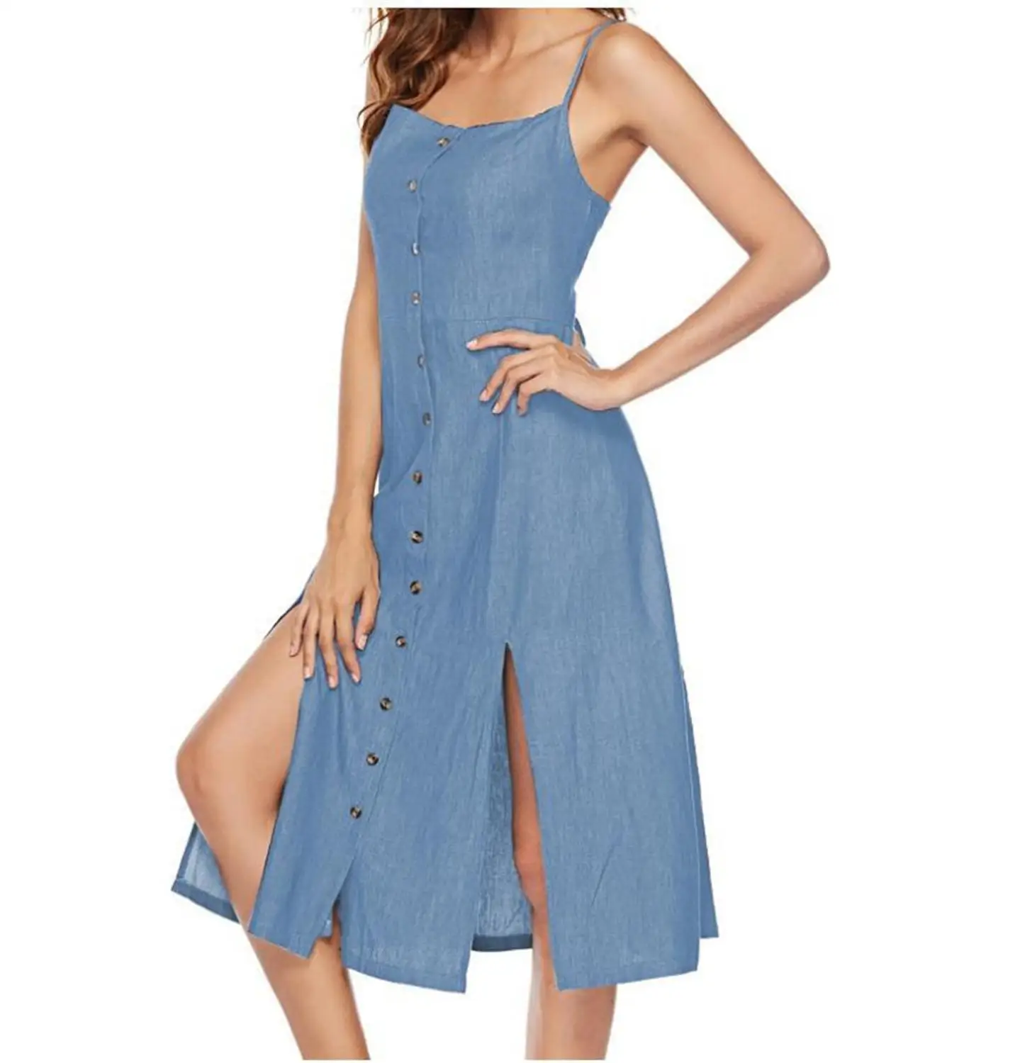 

Summer Strap Dresses 2019 New Women Summer Casual Sleeveless Square Collar Button Split Soft Denim Long Dress