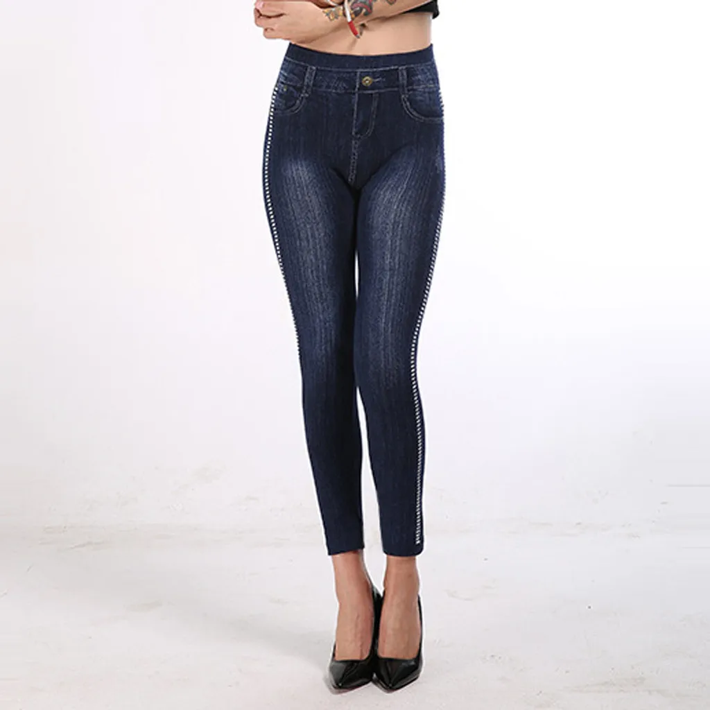 Модные женские леггинсы джинсы с принтом штаны подтяжки бедер обтягивающие