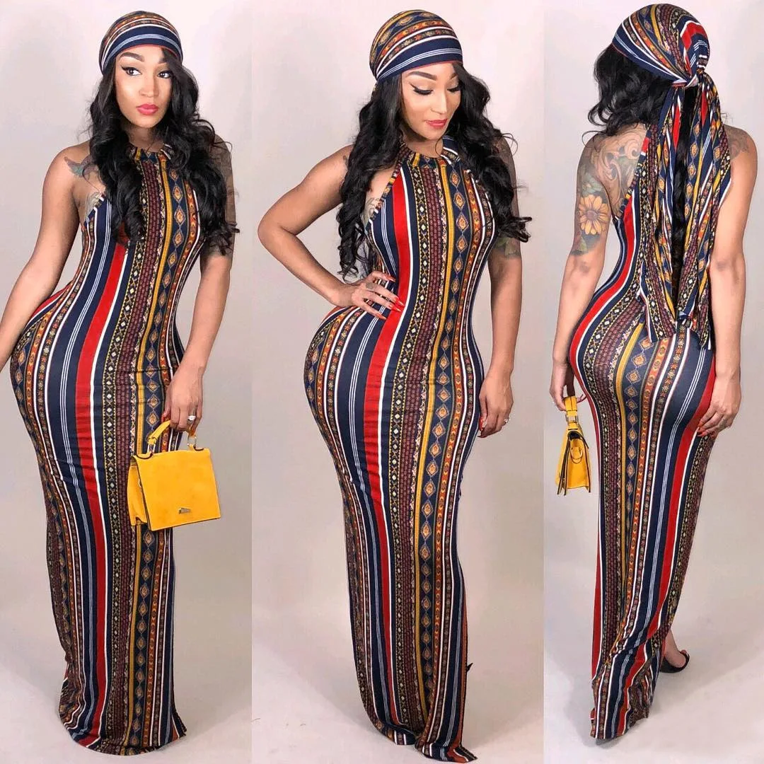 

Dresses for Women 2021 Sexy Striped Bohemian Print Vestidos Robe Femme Bodycon Long Skirts Evening Dresses Contains Headscarf