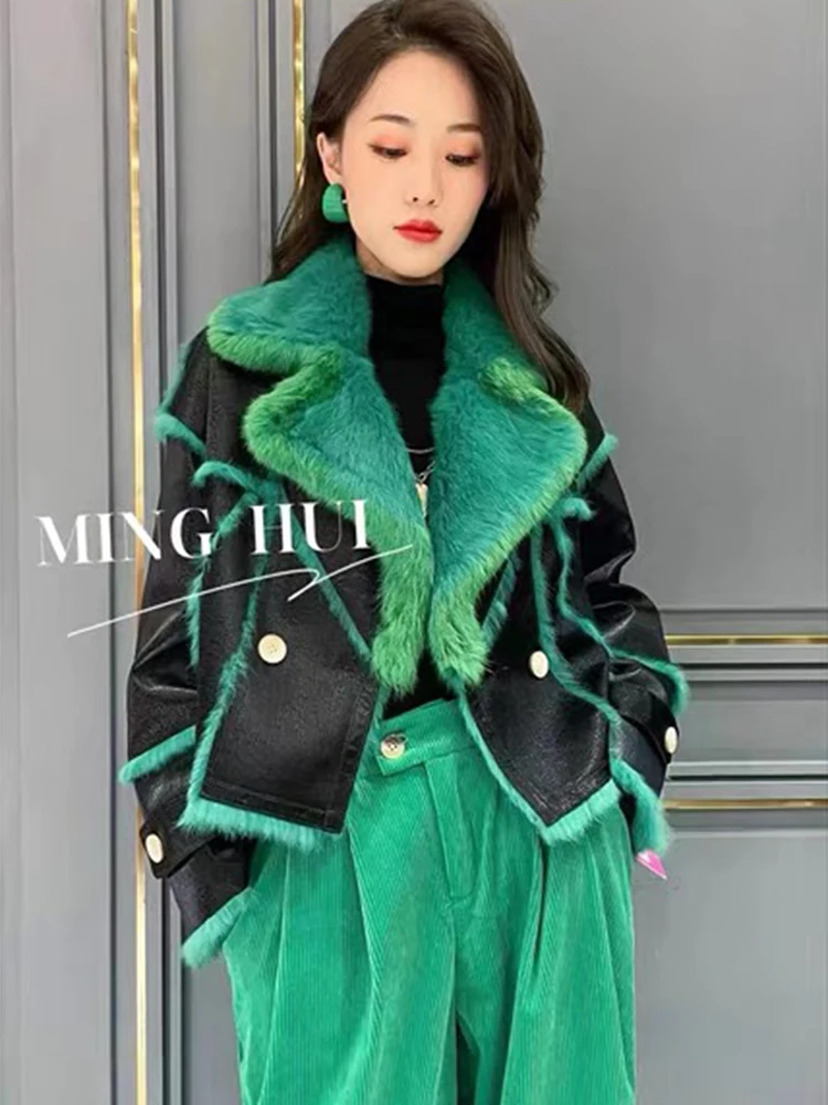 2021 Winter Women Green Color Real Skin Rabbit Fur Inner Warm Short Fashion Jackets Real Rabbit Fur Collar Ladies Outwear