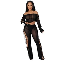 off shoulder strapless outfits crop top and pants two piece set women see through perspective ribbons lace up sweat suit sexy