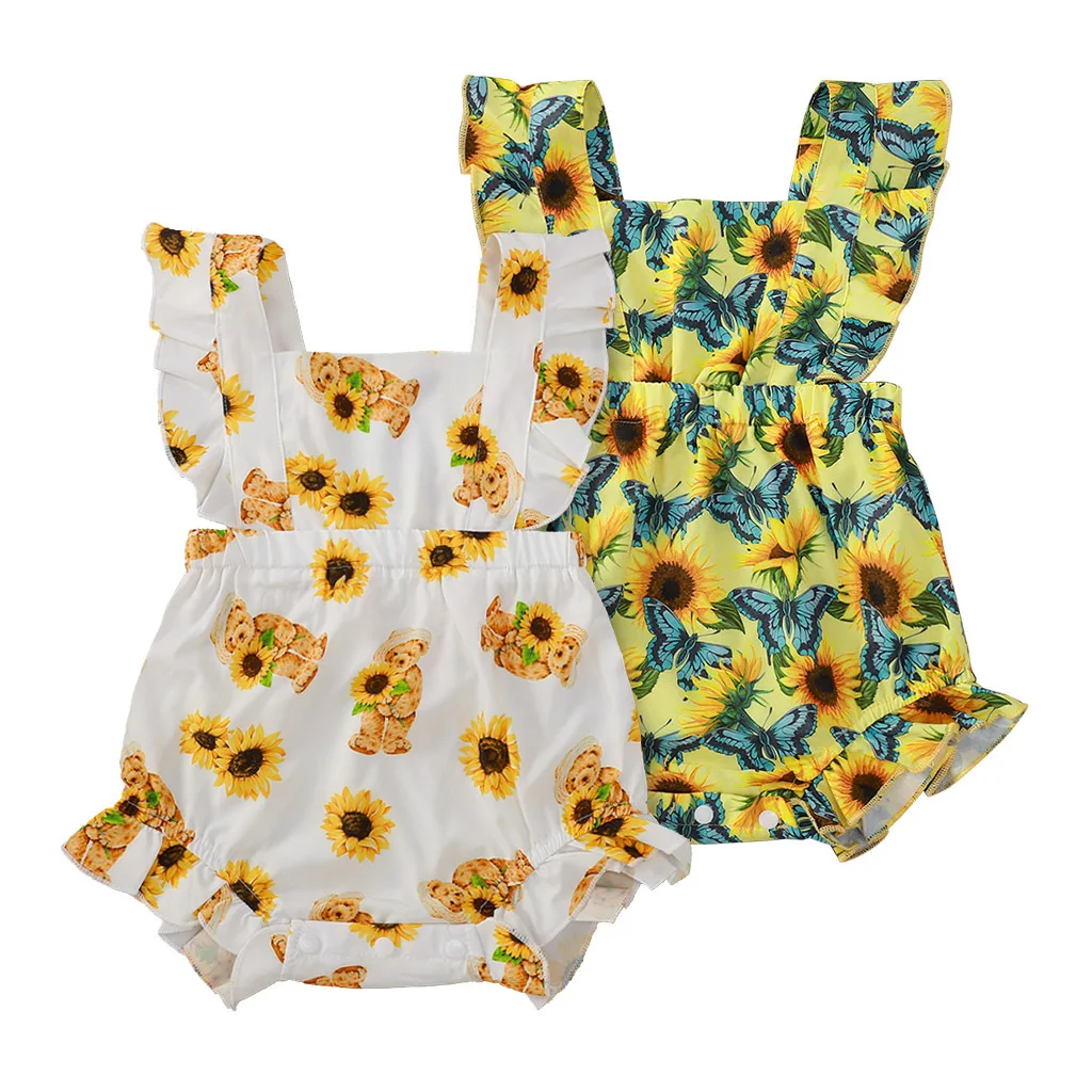 

New 2021 Infant Newborn Baby Boys Girls Romper Summer Fly Sleeve Print Sunflower Cute Baby Rompers Clothes Outfits