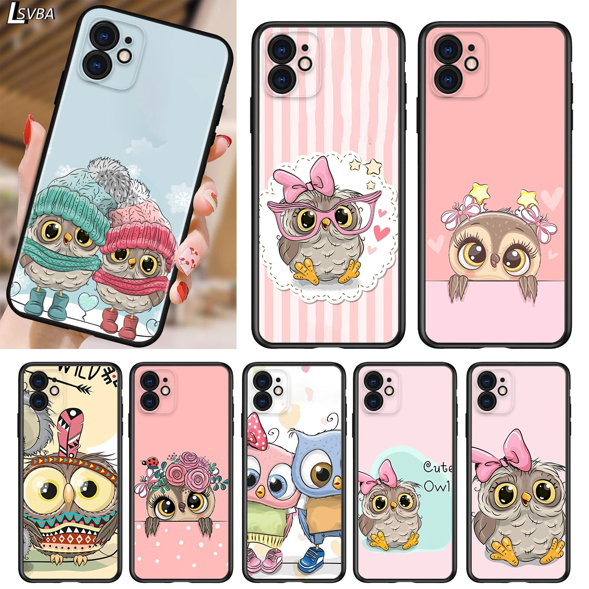 

Soft TPU Cover Lovely Animal Owl for Apple iPhone 12 11 SE XS XR X 7 8 6 5 S mini Plus Pro MAX 2020 Black Phone Case