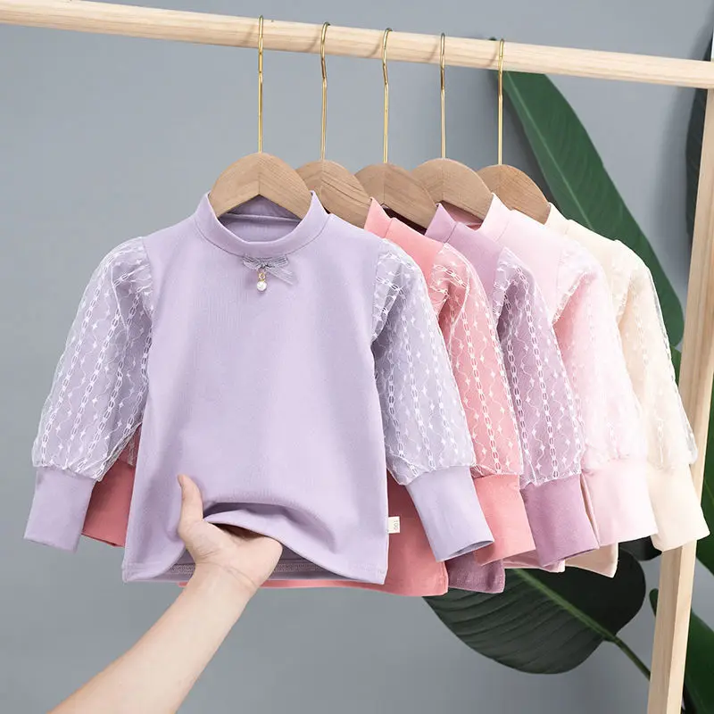 

Height 85-125cm Girls' Bottoming Children's Long-Sleeved T-Shirt Princess Seersucker Fashion Tops All-Match Trend