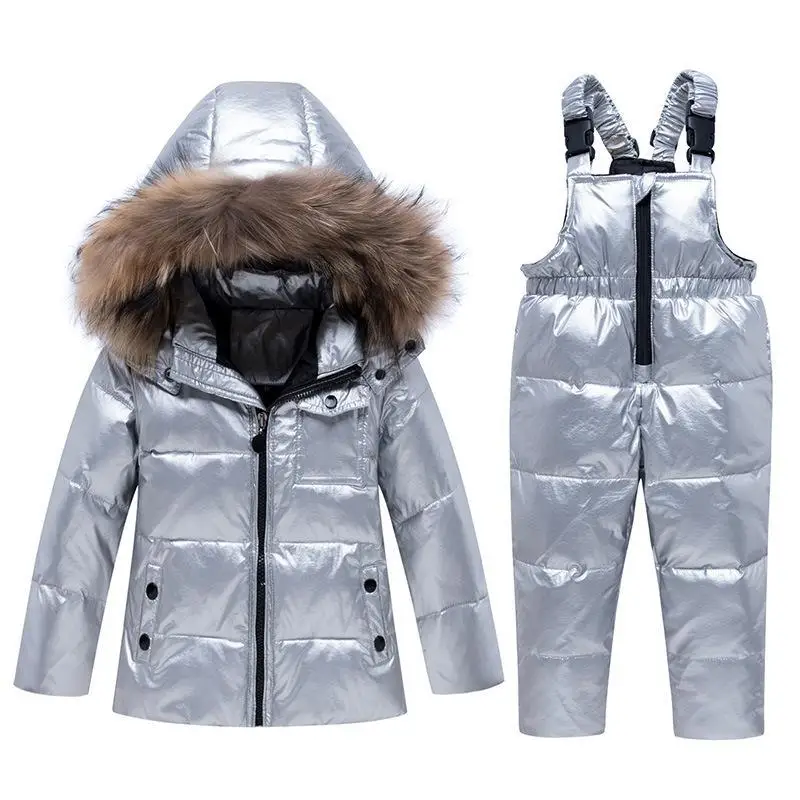 Winter kids Snowsuit Jackets with Hooded warm Duck Down Ski Suit Silver color Snow sets for girls Outfits baby Jumpsuit Set 2pcs