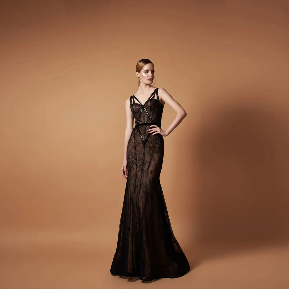 

Open back Zipper Applique Fashion 2021 Mermaid / Trumpet V-neck Evening Dresses Net/Tulle Sweep/Brush Floor length Flower