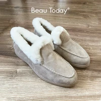 beautoday loafers winter women kid suede leather round toe slip on warm short plush ladies flat fur shoes handmade 27820