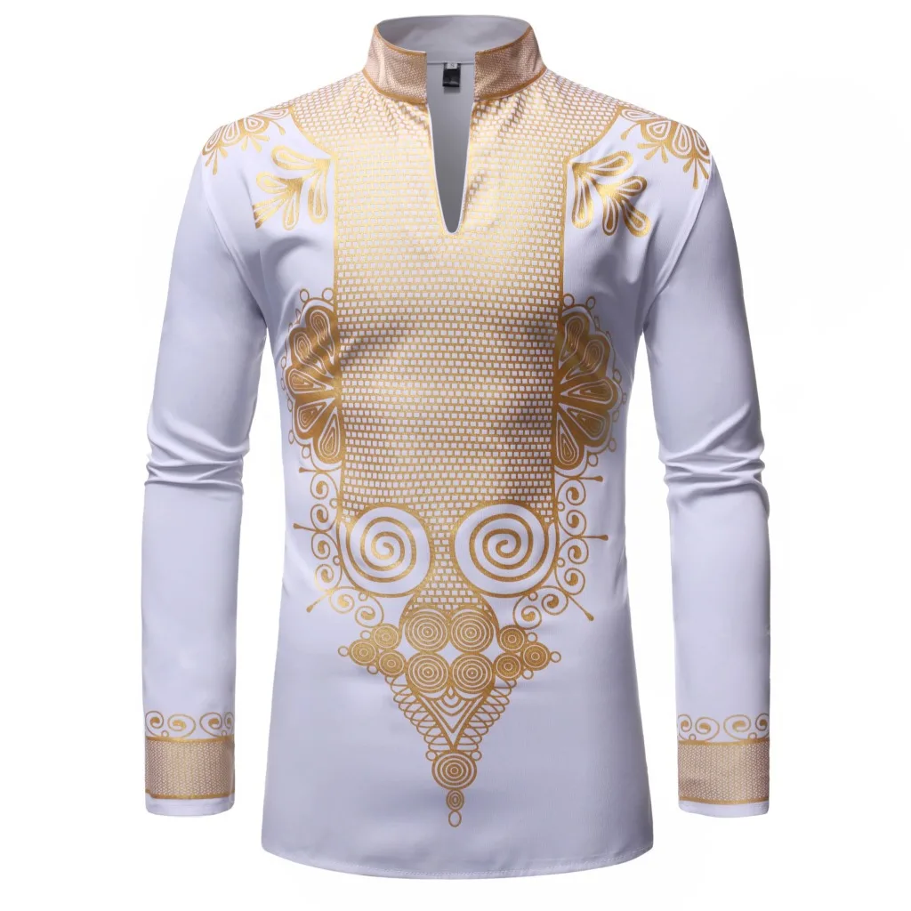 

New Classic Design African Chieftain's Printed Robe Men's Clothing Dashiki Ramadan Church Pull-Over Shirt With Standing Collar