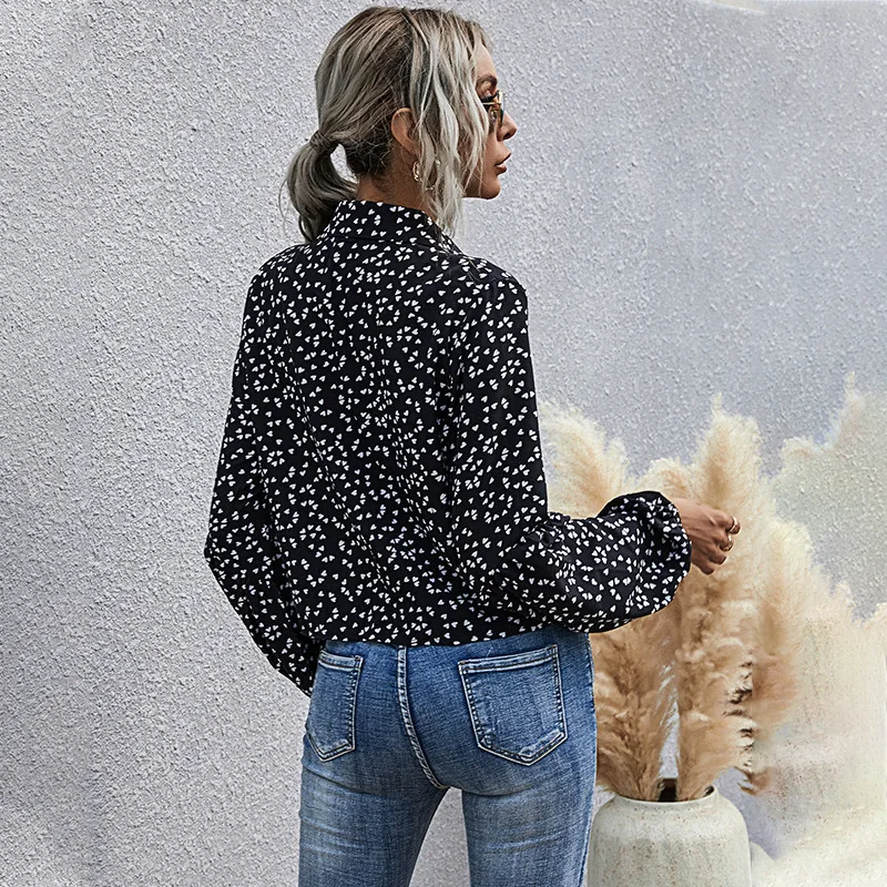 

Women's New Hot Sale Love Printed Puff Sleeve Tie Single Breasted Long Sleeve Shirt