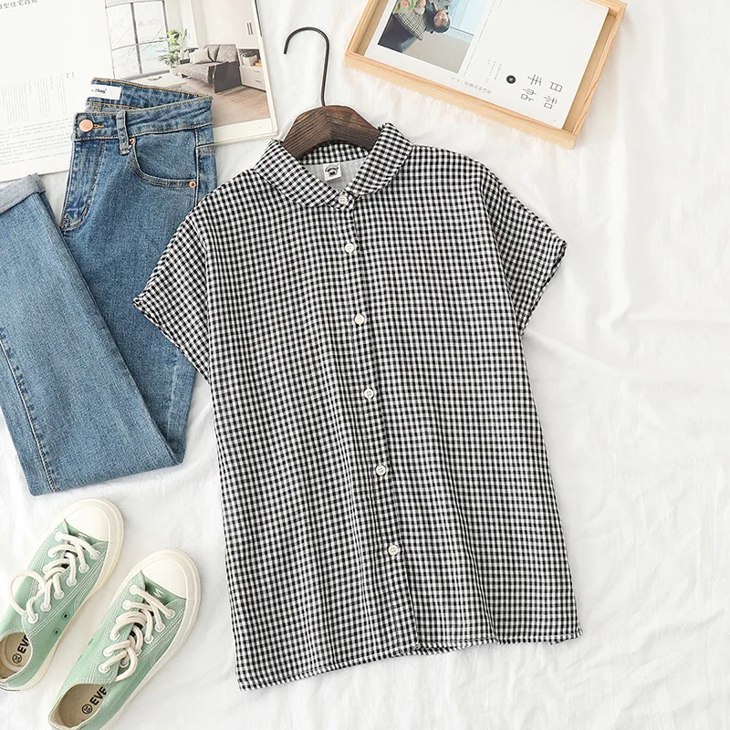 

Hsa 2021 Women Blouses Office Lady Short Sleeve Turn Down Collar Striped Plaid Female Loose Blusas Summer Tops Yarn blusas mujer