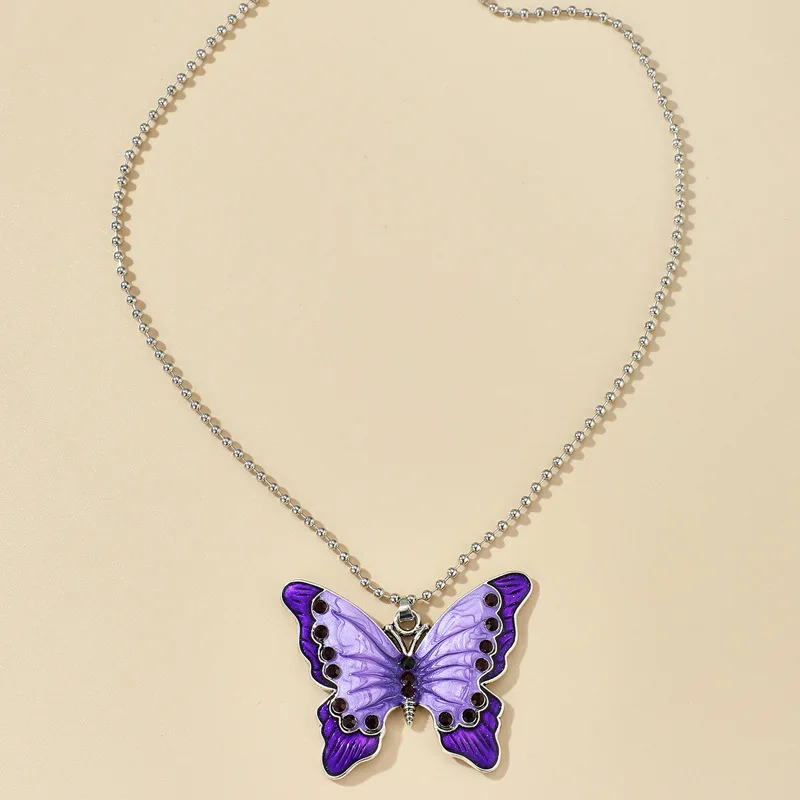 

European New Fashion Alloy Necklace Girls Rhinestone Elegant Purple Butterfly Pendant Single Layer Necklaces Jewelry For Women