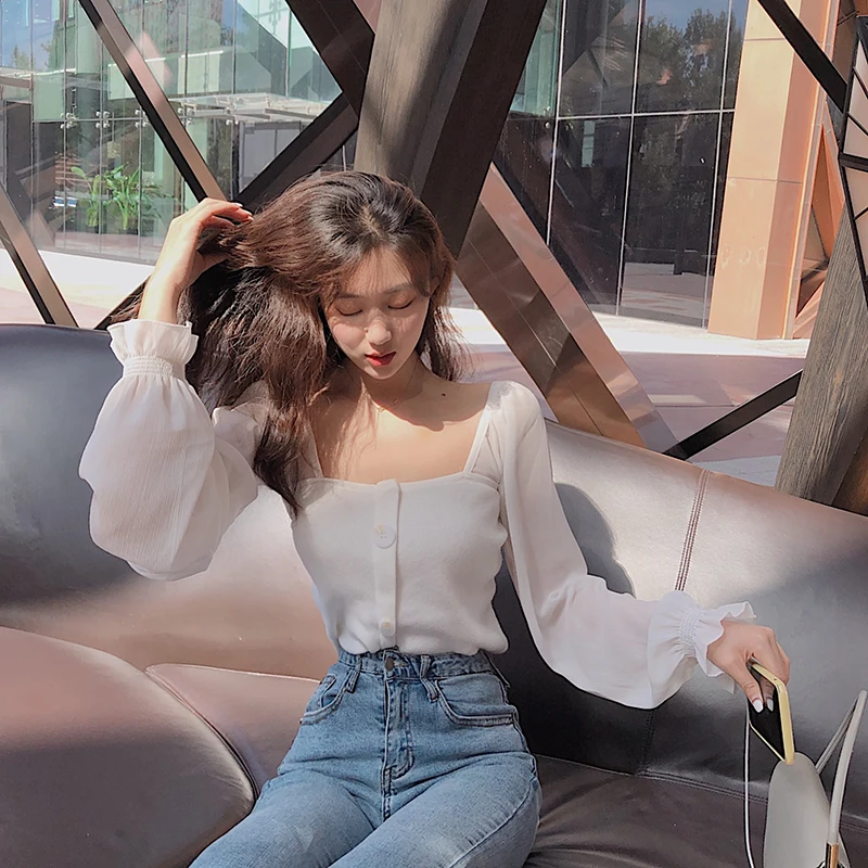 Women Slim Patchwork Chiffon Full Lantern Sleeve Square Collar Cropped T-Shirts Lady Knitted Stretchy Crop Tops Tshirt For Girls