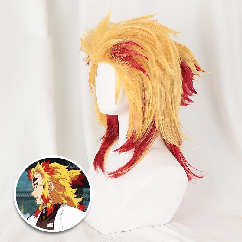 

Demon Slayer: Kimetsu No Yaiba Rengoku Kyoujurou Cosplay Wigyellow Red Gradient Heat-resistant Fiber Hair Wigs + Free Wig Cap