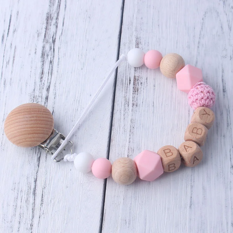 

Handmade Silicone Wood Pacifier Clips Safe Teething Chain Baby Teether Eco-Friendly Dummy Clips Holder Birthday Shower Gift
