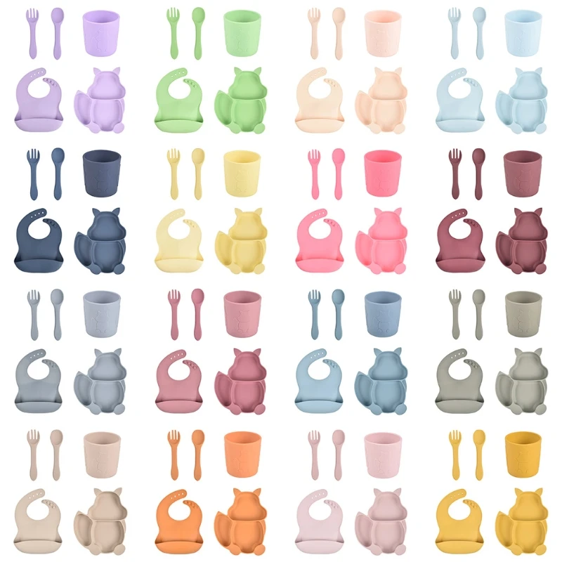 

D55E 5 Pcs Baby Silicone Bib Divided Dinner Plate Spoon Fork Cup Set Training Feeding Food Utensil Dishes Tableware Kit