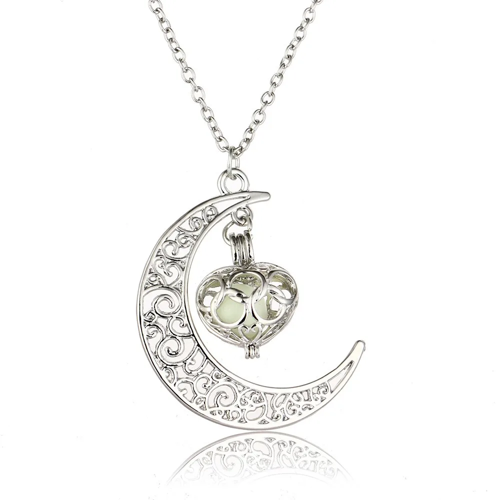 

2021 New Hot Moon Glowing Necklace Gem Charm Jewelry silver color Plated Women Halloween Hollow Luminous Stone Pendant