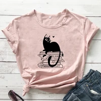 black cat on books t shirt cute cat mom gift tshirt funny womens graphic reading top tee shirt dropshipping