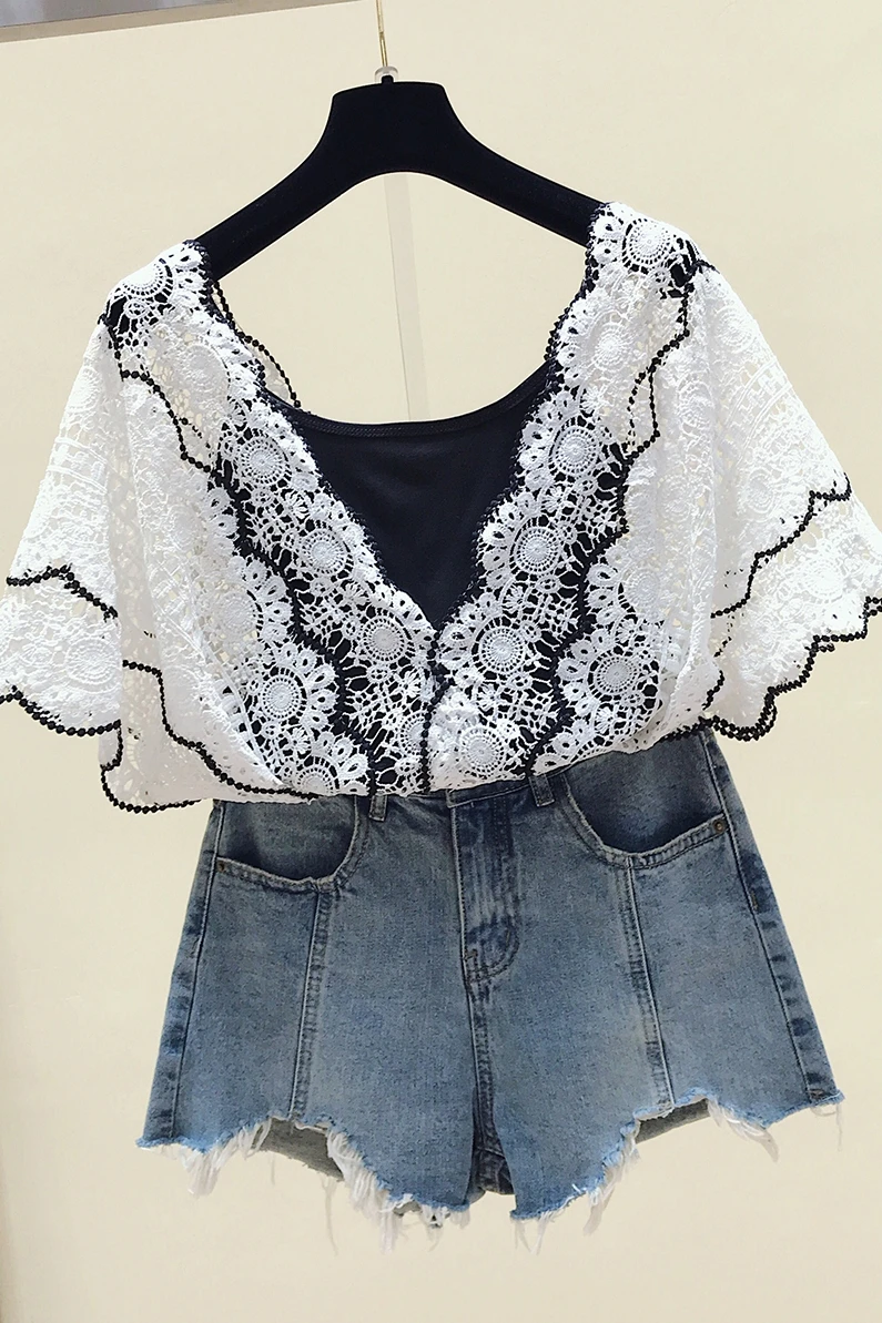 

V-Neck Blouse for Women Summer Twopiece Girls Lady Hollow-Out Short-Sleeve Lace Shirt Women Holiday Seaside Beach Tops