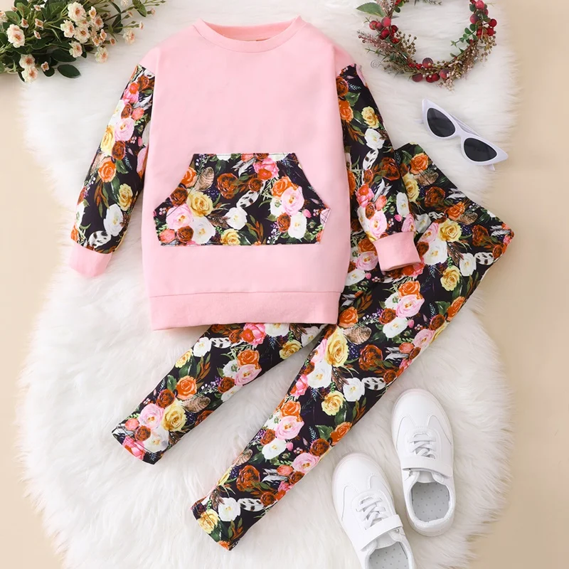 

Детская одежда для девочек на весну и осень, комплект одежды для девочек из 2 предметов, Топ с длинным рукавом и цветочным принтом в стиле пэчворк + брюки, женская одежда
