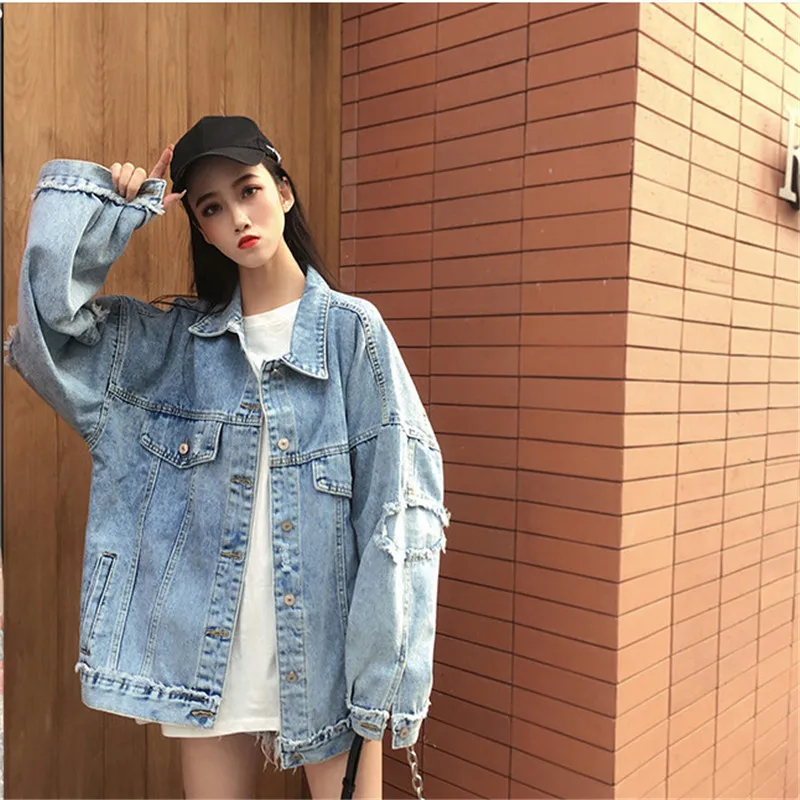 

Женская джинсовая куртка составного кроя, Повседневная однобортная свободная Корейская куртка с потертостями и дырками, базовое пальто дл...