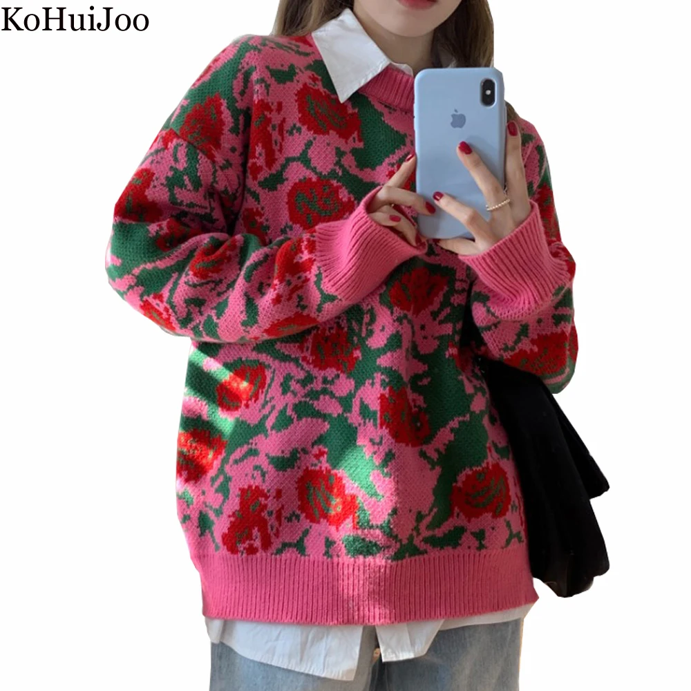 Женский трикотажный свитер с круглым вырезом цветочным принтом | Женская одежда