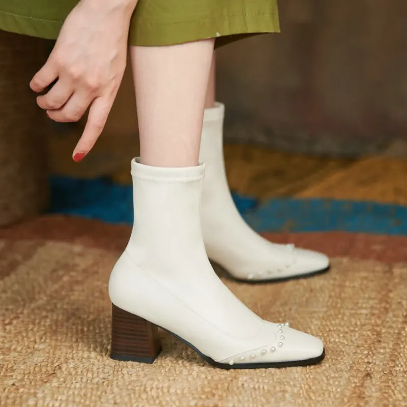 

Женские Офисные высокие ботильоны siskoda, белые эластичные ботильоны на массивном высоком каблуке с бусинами и жемчугом, 2021