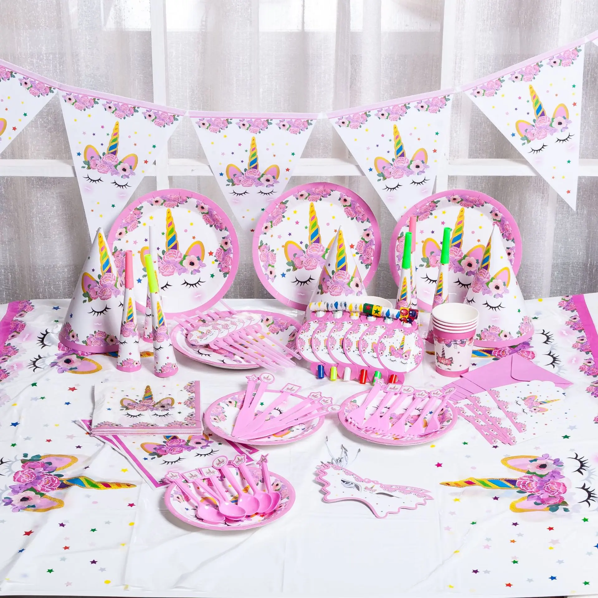 Unicorn Party Supplies Pink Rainbow Banner Plates Balloons Napkin Cupcake Wrapper Baby Shower Kids Birthday Decorations | Дом и сад