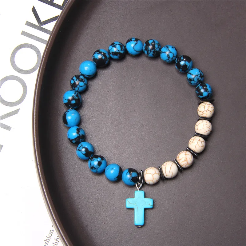 

Tiny Cross Charm Bracelets Handmade Natural 8 mm Howlite Stone Beads Bracelet Square Slice Spacer Elastic Pulsera Jewelry Gift