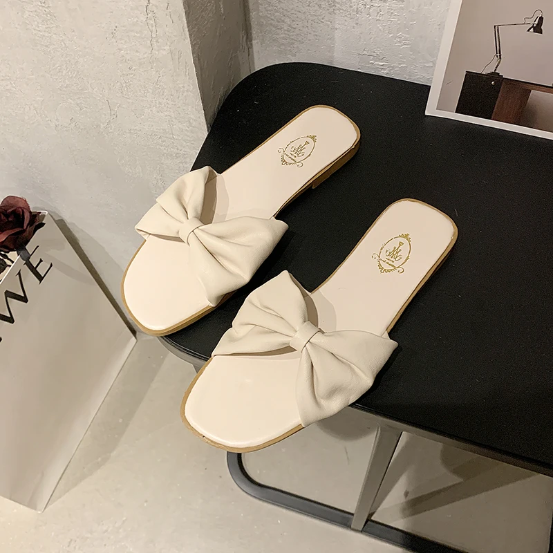 

2021 Women Sandals Summer Fashion Bow Square Toes Flat heel Sandals Slipper Indoor Outdoor Beach Shoes Female Sandals