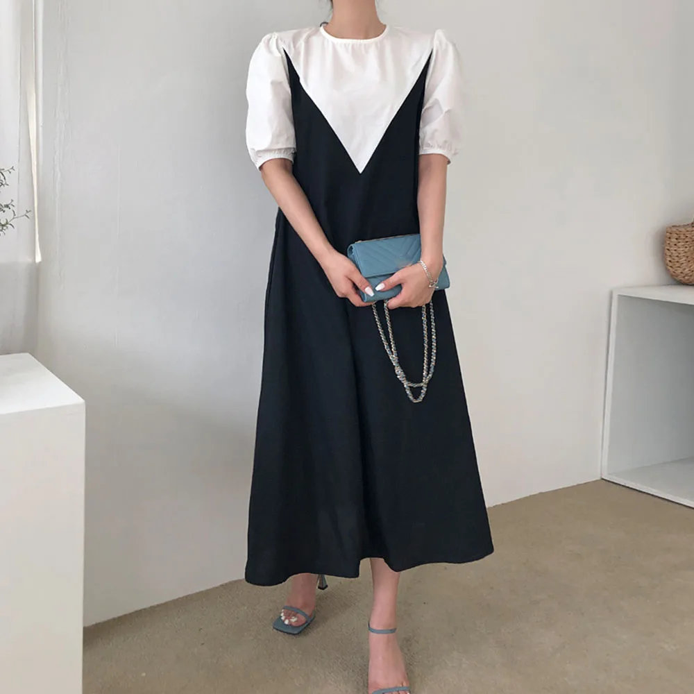 

2021 Summer New Korean Fashion Color Contrast Splicing Simplicity Round Neck Puff Sleeve Temperament Casual Women's Dress