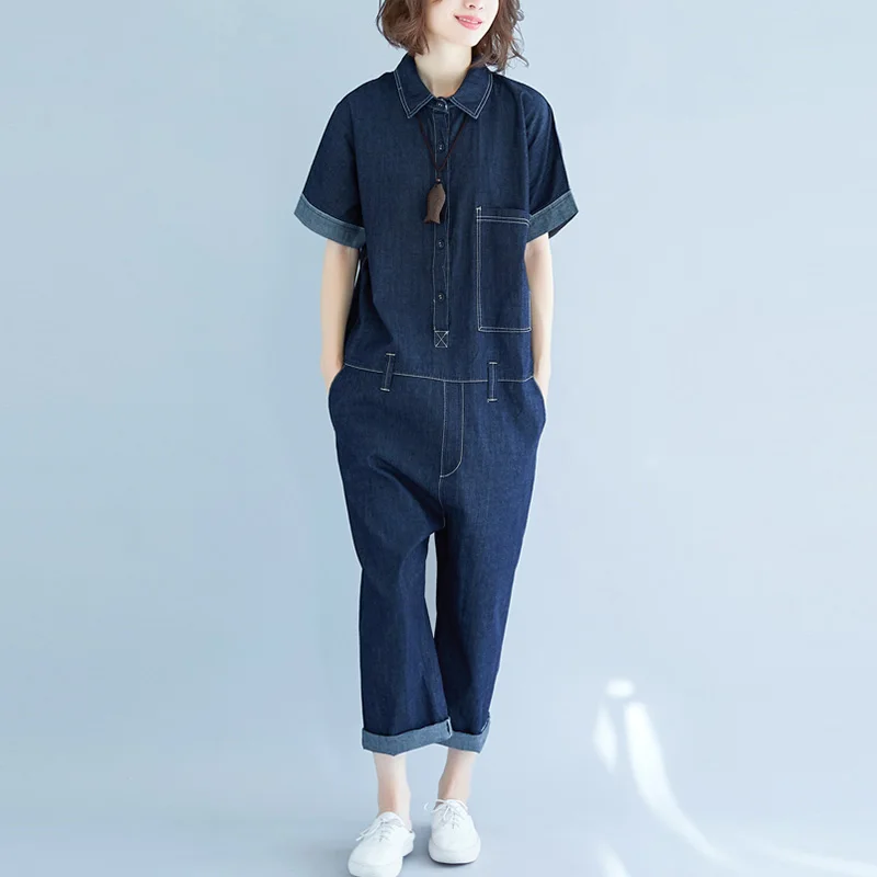 

Комбинезон джинсовый женский с коротким рукавом, Свободный Повседневный Ромпер из денима в Корейском стиле, с карманами, Z172, лето 2020