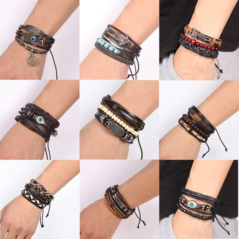 Роскошные мужские браслеты из натуральной кожи в стиле ретро многослойный