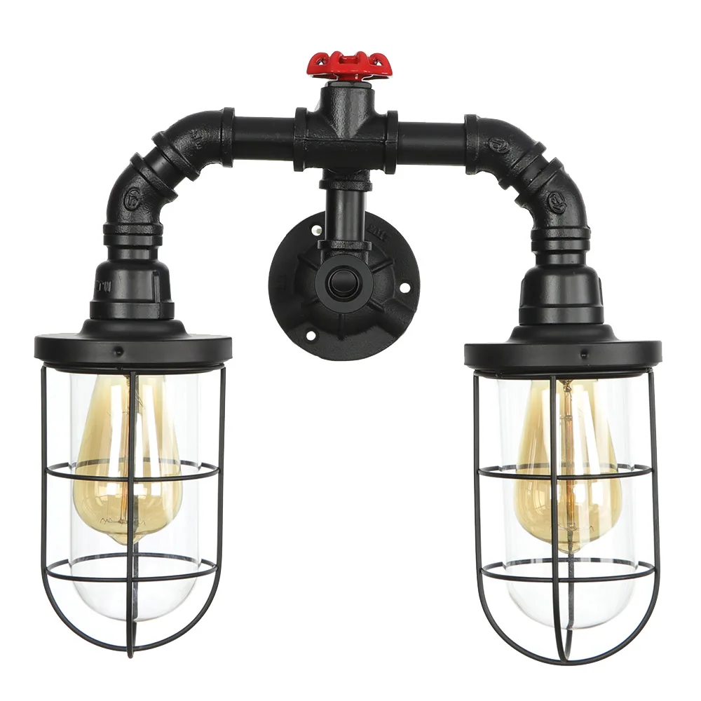 

Double Iron Glass Vintage Sconce Wall Lamps LED Industrial Loft Water Pipe Wall Lights Switch Bedside Wall Lamp Home Decor