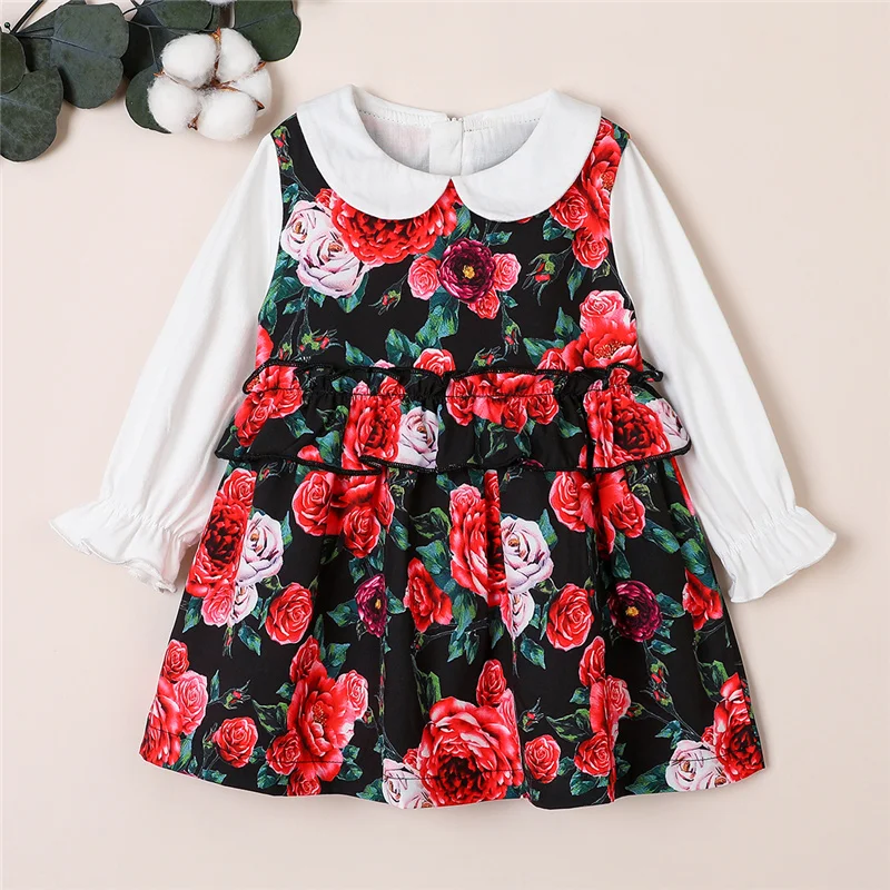 

Vacation Holiday Birthday Dancing Party 1-6Y Kid Girl Flower Print Long Sleeve Patchwork Lapel Dress Spring Autumn