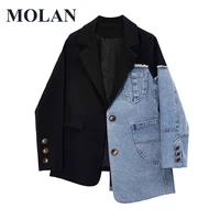 molan retro denim blazer patchwork woman lapel neck long sleeve singal breasted casual denim coat loose elegant female outwear