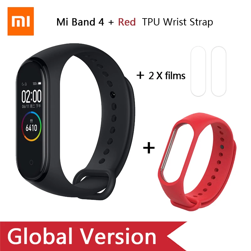 Add Red strap Глобальная версия, Xiaomi mi-браслет 4 mi Band 4, музыкальный цветной экран, фитнес-частота сердечных сокращений, Bluetooth 5,0, умные часы, Russina - Цвет: Add Red strap