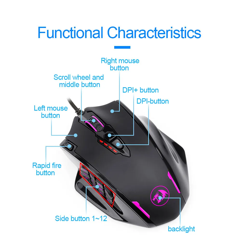 USB мышь компьютерная Redragon Impact M908 игровая Проводная с RGB подсветкой и 17