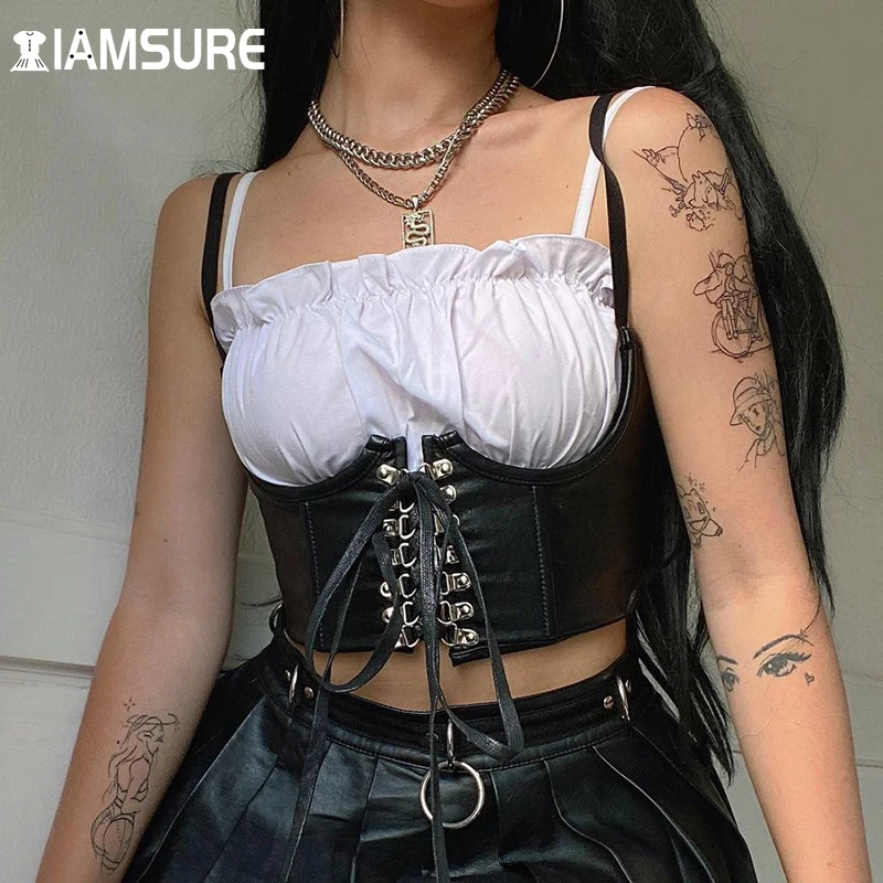 

IAMSURE Vintage Bandage Pu Corset Camis Slim Tie Front Spaghetti Straps Leather Crop Tops Women 2021 Fashion Casual Y2K Tank Top