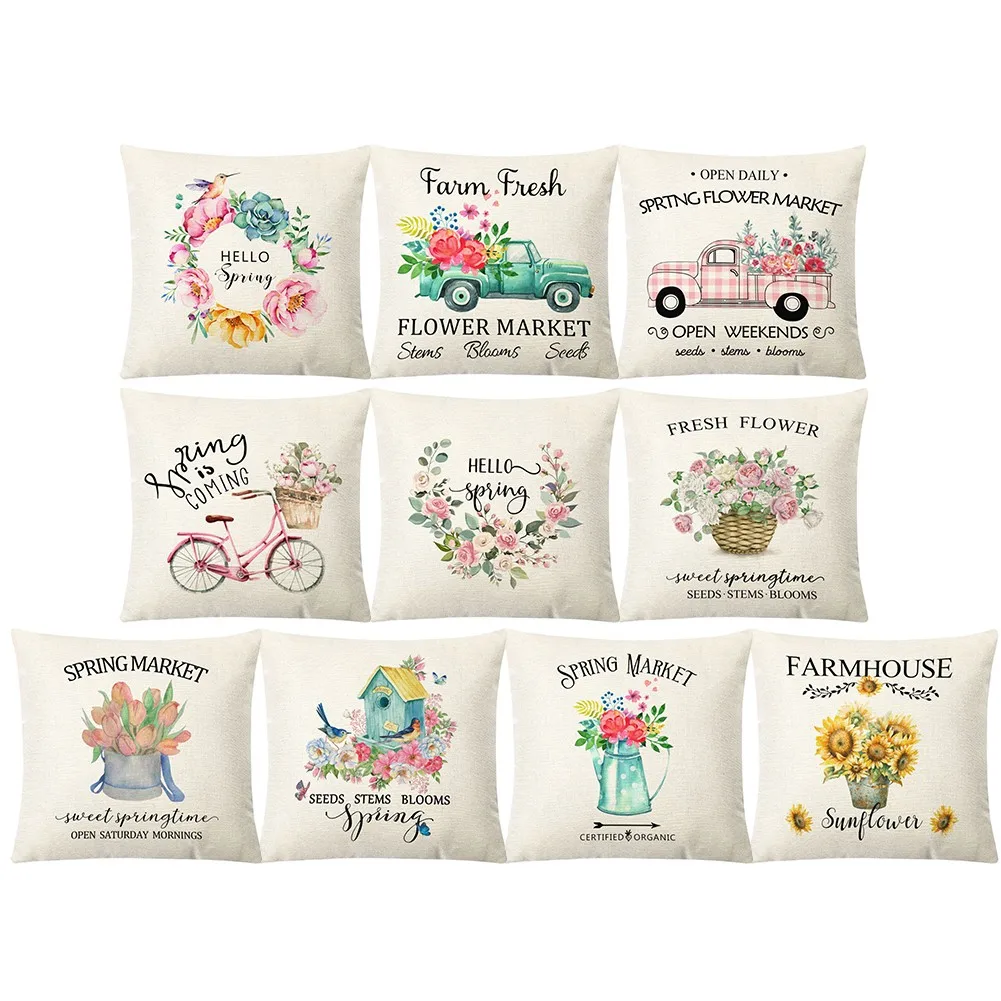 

45x45cm Nordic Spring Home Decoration Cushion Cover Flower Letters Print Pillowcase Office Sofa Car Throw Pillow Cases