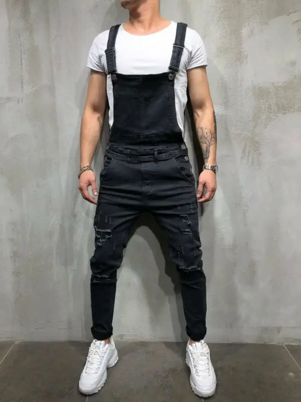

New Arrival Men's Distressed Denim Carpenter Overalls Bib Jumpsuits Moto Biker Jean Pants