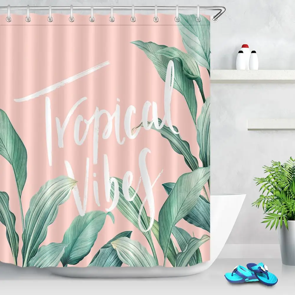 

Golden Palm Tree Leaves Shower Curtains Waterproof Fabric Tropical Plants Bathroom Curtain Washable Bath Screen with Hooks