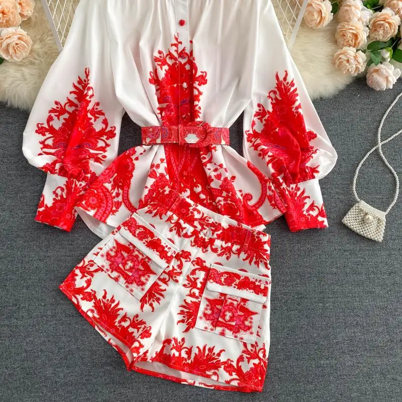 DEAT 2021 Autumn Women New Style Stand Collar Puff Long Sleeve Print Pattern Shirt Wide Leg Shorts Vintage Two Pice Set RD548 |