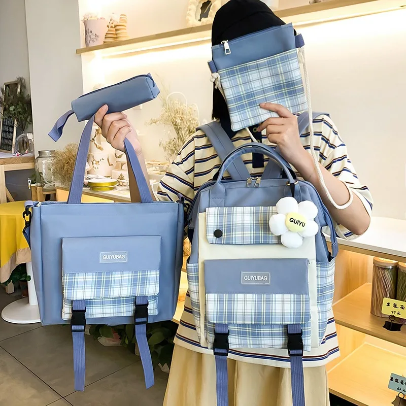 

Plaid Women's Backpack 4 Pcs Set School Backpacks Kawaii School Bags For Girls Bookbags Shopping Bag Pencil Case Book Bag Ins