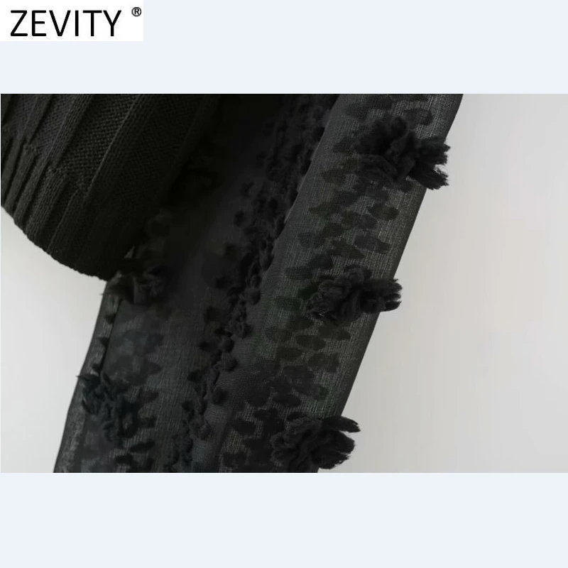 Zevity 2021 New Women Fashion Appliques Chiffon Lantern Sleeve Patchwork Short Knitting Sweater Ladies Chic Pullovers Tops S631