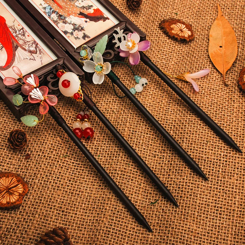 

New Handmade Luxury Flower Hairpins Hair Sticks Vintage Wood Chinese Hair Stick Pins For Women Hair Ornaments Head Jewelry