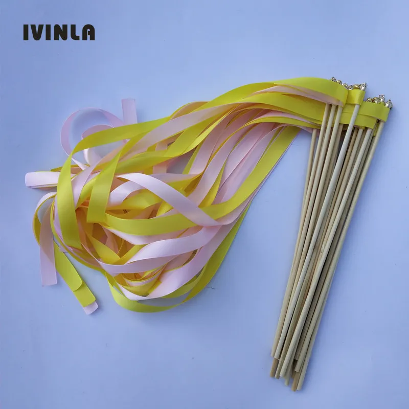 

50pcs/lot Pink and yellow ribbon wedding stick with gold bell for wedding party