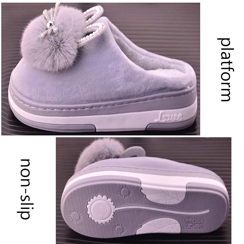 Женские зимние тапочки с кроличьими ушками меховые помпоном новинка 2020 женские