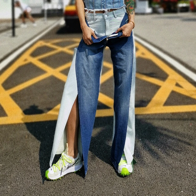 TWOTWINSTYLE Повседневное хит Цвет спереди Разделение джинсы для Для женщин Высокая